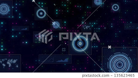 Floating concentric HUD element glowing in data environment, with graph and map panels, icons, dots 135623465