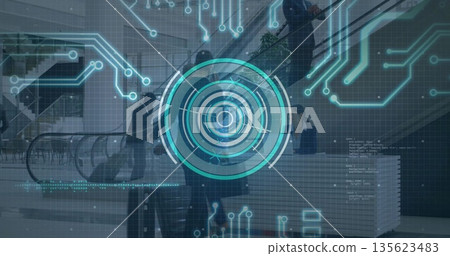 Displaying translucent circular interface hovering in corporate lobby, with escalator and railings Displaying translucent circular interface hovering in corporate lobby, with escalator and railings 135623483