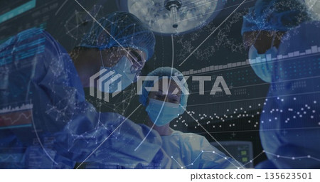 Performing surgery three surgeons in blue scrubs using scalpels in operating room, digital overlays Performing surgery three surgeons in blue scrubs using scalpels in operating room, digital overlays 135623501