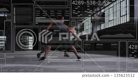 Performing female athlete in sportswear executing lunge in gym, with trainer and UI data panels Performing female athlete in sportswear executing lunge in gym, with trainer and UI data panels 135623512