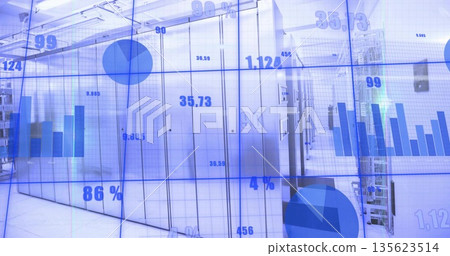 Displaying row of white server cabinets lining data center corridor, with digital charts overlay Displaying row of white server cabinets lining data center corridor, with digital charts overlay 135623514
