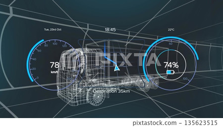 Rendering wireframe truck model moving in grid space, with gauges, navigation and info overlays Rendering wireframe truck model moving in grid space, with gauges, navigation and info overlays 135623515