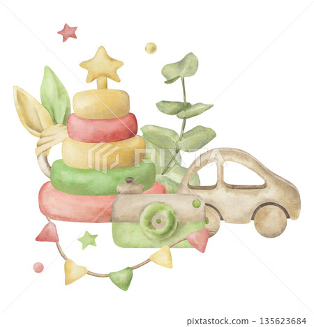 Watercolor nursery illustration with baby toys: pastel stacking rings pyramid with star, wooden toy car, retro camera, leaves and garland. Soft artwork hand-drawn, boho style, gender neutral, cute Watercolor nursery illustration with baby toys: pastel stacking rings pyramid with star, wooden toy car, retro camera, leaves and garland. Soft artwork hand-drawn, boho style, gender neutral, cute 135623684