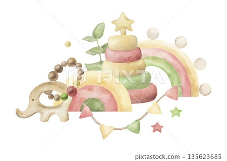 Watercolor nursery illustration with cute baby toys: pastel elephant, stacking rings pyramid, rainbow arches, beads and stars. Soft hand-painted boho kids decor, gender neutral, minimal, whimsical Watercolor nursery illustration with cute baby toys: pastel elephant, stacking rings pyramid, rainbow arches, beads and stars. Soft hand-painted boho kids decor, gender neutral, minimal, whimsical 135623685