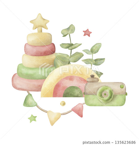 Rainbow, pyramid, retro camera, eucalyptus, flags, stars. The illustration with wooden eco-friendly baby toys is hand-drawn with watercolors in soft, pastel shades. For children's party, packaging Rainbow, pyramid, retro camera, eucalyptus, flags, stars. The illustration with wooden eco-friendly baby toys is hand-drawn with watercolors in soft, pastel shades. For children's party, packaging 135623686