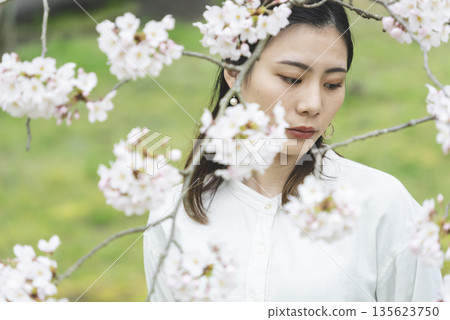 櫻花和一個年輕女子 135623750