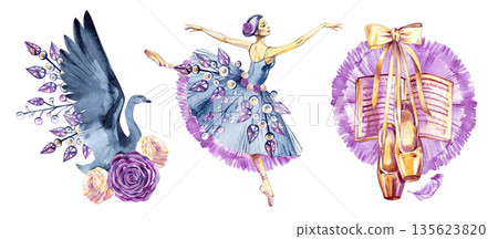 Narrative watercolor ballet illustration set with swan, ballerinas, pointe shoes, music book, florals and feathers. Dreamy artistic storytelling style for editorial design, posters, books, decor and Narrative watercolor ballet illustration set with swan, ballerinas, pointe shoes, music book, florals and feathers. Dreamy artistic storytelling style for editorial design, posters, books, decor and 135623820