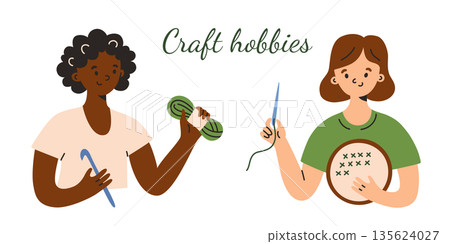 Craft hobbies set with girls knitting, women with cross stitch embroidery, cozy handmade activities and creativity theme. Flat cartoon vector illustration for lifestyle content, tutorials, blogs 135624027