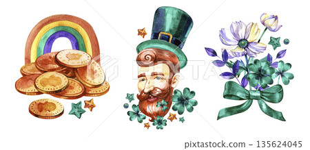 Comprehensive St. Patrick's Day watercolor clipart set with leprechaun head, green top hat, shamrocks, pot of gold, rainbow, and green beer. Hand-painted festive Irish elements. Comprehensive St. Patrick's Day watercolor clipart set with leprechaun head, green top hat, shamrocks, pot of gold, rainbow, and green beer. Hand-painted festive Irish elements. 135624045