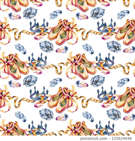 Graceful seamless watercolor pattern with ballet pointe shoes, crowns, ribbons, and soft feathers. Delicate and dreamy composition inspired by classical dance, elegance, and fairytale atmosphere. Graceful seamless watercolor pattern with ballet pointe shoes, crowns, ribbons, and soft feathers. Delicate and dreamy composition inspired by classical dance, elegance, and fairytale atmosphere. 135624046