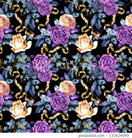 Luxurious seamless watercolor pattern with large purple and golden roses, leaves, feathers, and flowing ribbons. Rich ornamental floral design with romantic mood for premium decorative applications. 135624049