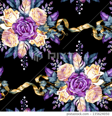 Luxurious seamless watercolor pattern combining roses, feathers and decorative ribbons in a ballet-inspired floral arrangement. Perfect for elegant textiles, wallpapers, wedding stationery and premium 135624050