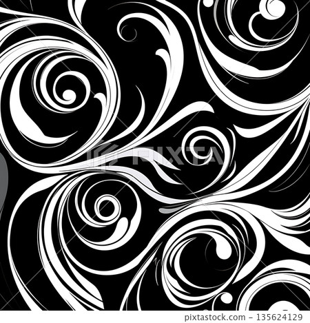 A black and white patterned background with white swirls 135624129