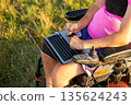 Man in wheelchair works on laptop for business in sunlit meadow. Businessman enjoying online paperwork on Internet during leisure stroll 135624243