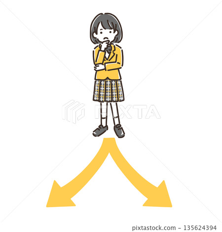 A girl in a uniform thinking at a crossroads / Simple color 135624394