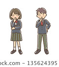 Set of a girl and boy in uniform with their hands on their chins while thinking 135624395