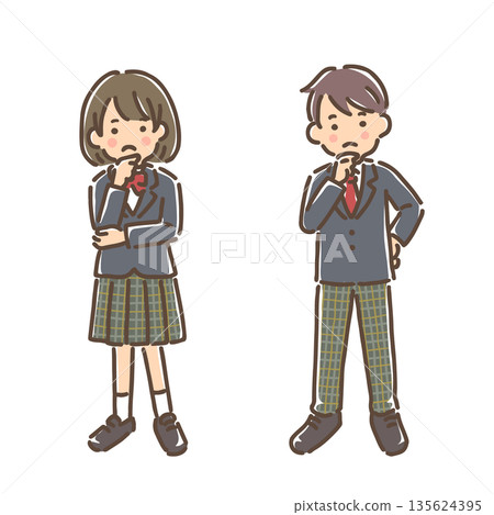 Set of a girl and boy in uniform with their hands on their chins while thinking 135624395