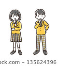 Girl and boy in uniform thinking with hands on chin / Simple color / Set 135624396