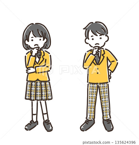 穿著制服的男孩女孩雙手托腮思考 / 簡約配色 / 套裝 135624396