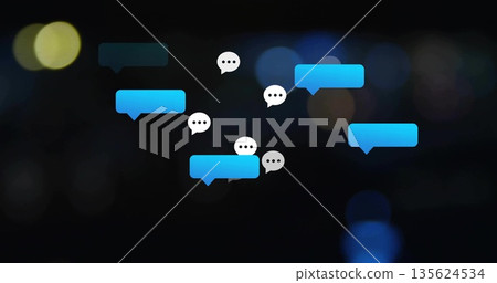 Floating blue-grey chat bubbles showing three-dot indicators over dark backdrop, with bokeh lights Floating blue-grey chat bubbles showing three-dot indicators over dark backdrop, with bokeh lights 135624534