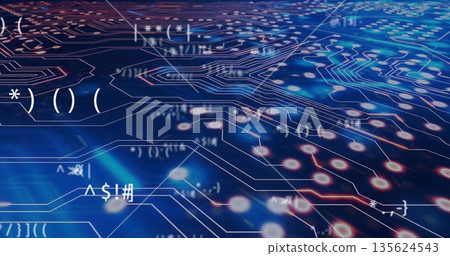 Displaying neon circuit traces with glowing nodes in virtual space, featuring floating code symbols 135624543