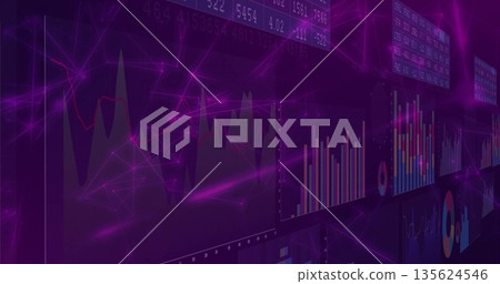Purple panels displaying financial data on digital interface, with line charts, tickers, neon lines 135624546