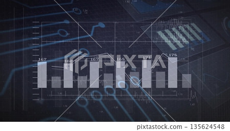 Displaying bar and line chart with points on grid, inset, circuit traces in analytics interface Displaying bar and line chart with points on grid, inset, circuit traces in analytics interface 135624548