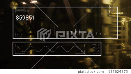 Displaying data overlay in plant with pipes and gears, bar and waveform graphs and text annotations 135624573