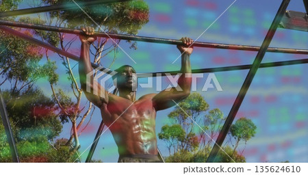 Pulling muscular shirtless man executing pull-ups on horizontal metal bar in outdoor fitness area 135624610