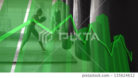 Striking boxer wearing sportswear and boxing gloves punching bag in gym, with green chart overlays Striking boxer wearing sportswear and boxing gloves punching bag in gym, with green chart overlays 135624612