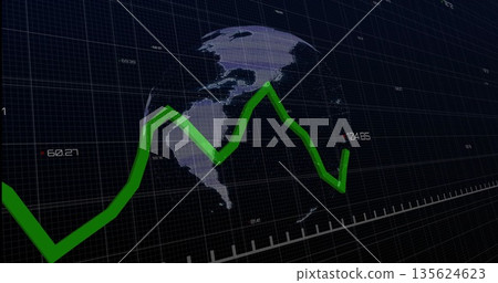 Presenting green zigzag line graph with numeric labels on semi-transparent globe over grid overlay Presenting green zigzag line graph with numeric labels on semi-transparent globe over grid overlay 135624623