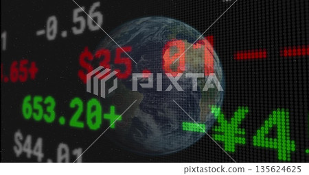 Displaying Earth globe over dotted grid with ticker showing red figures and green currency symbols Displaying Earth globe over dotted grid with ticker showing red figures and green currency symbols 135624625