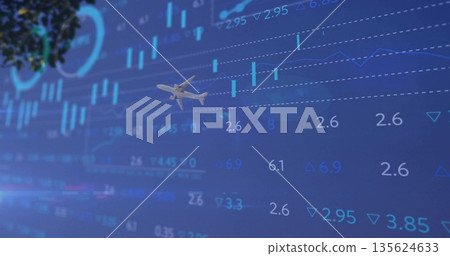 Flying commercial jet airliner crossing blue-toned screen, with candlestick bars  and  line graphs 135624633