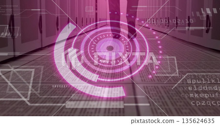 Walking technician in dark trousers navigating data center corridor with server racks, HUD overlay 135624635