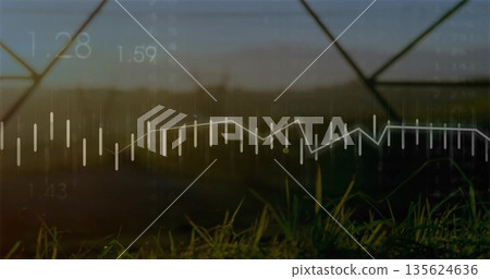 Displaying bars, line graph and number labels floating above grass blades at metal fence in field 135624636
