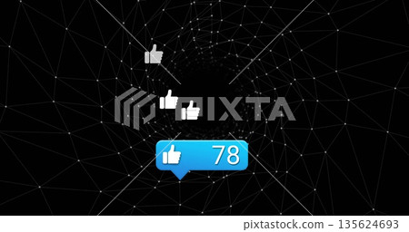 Floating blue notification bubble showing 78 likes in digital network vortex, with thumbs-up icons Floating blue notification bubble showing 78 likes in digital network vortex, with thumbs-up icons 135624693
