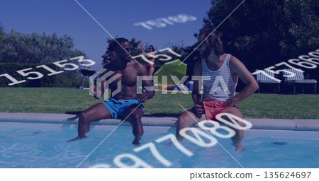 Two men sitting on pool's edge dipping legs in sunny backyard, with smartphone selfie and drink 135624697