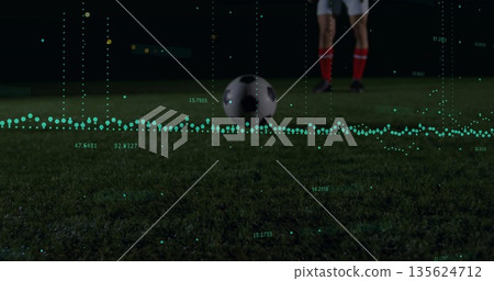 Sitting soccer ball on grass field at night, with green data visualization overlay 135624712