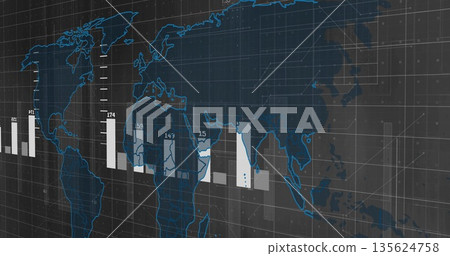 Displaying world map visualization on dashboard, featuring white and gray bar charts on dark grid 135624758