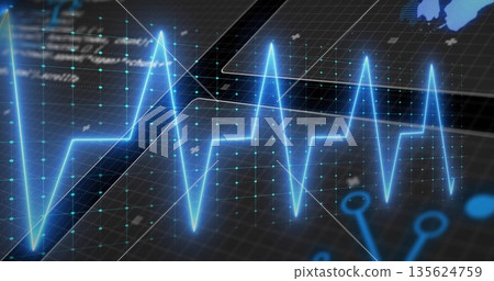 Displaying neon-blue ECG line running across gridlines with data nodes, map and circuit patterns Displaying neon-blue ECG line running across gridlines with data nodes, map and circuit patterns 135624759