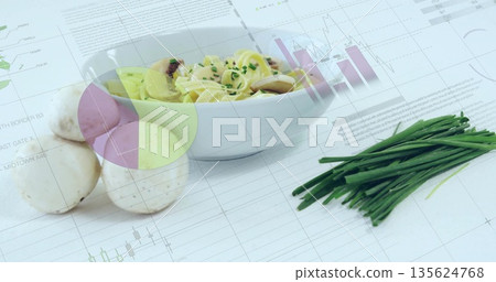 Displaying white bowl of mushroom pasta on white tabletop with mushrooms, chives and chart overlays Displaying white bowl of mushroom pasta on white tabletop with mushrooms, chives and chart overlays 135624768