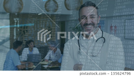 Mature doctor wearing stethoscope consulting team, patient in clinic, with code overlay, copy space Mature doctor wearing stethoscope consulting team, patient in clinic, with code overlay, copy space 135624796