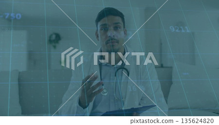 Sitting doctor wearing stethoscope holding clipboard, pen on sofa at home, displaying digital grid Sitting doctor wearing stethoscope holding clipboard, pen on sofa at home, displaying digital grid 135624820