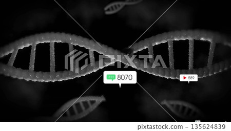 Floating central DNA helix in 3D abstract display, with chat icon 8070 and play icon 589 135624839