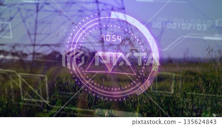Displaying purple HUD overlaying grassland with pylons, round gauge, triangle and numeric readout 135624843
