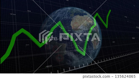 Three-dimensional globe floating on dark grid, with red circles, numeric labels, green graph 135624865