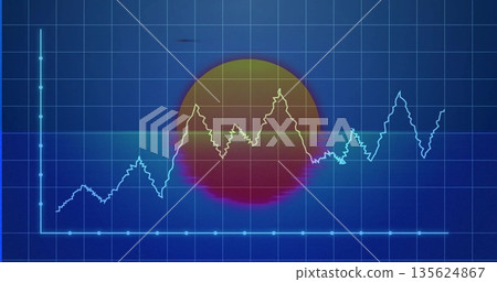 Running neon fluctuating line graph on dashboard with dark blue grid, circular gradient backdrop Running neon fluctuating line graph on dashboard with dark blue grid, circular gradient backdrop 135624867