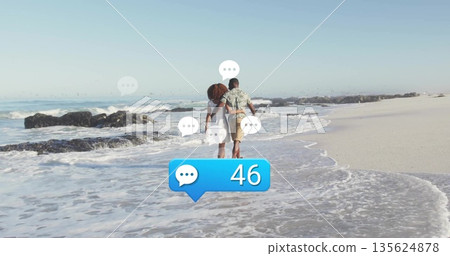 Walking couple wearing dress, Hawaiian shirt along beach, with speech bubbles and blue counter 46 135624878