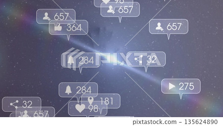 Floating social media icons orbiting glow in deep space, showing user silhouettes, thumbs-up, bell Floating social media icons orbiting glow in deep space, showing user silhouettes, thumbs-up, bell 135624890