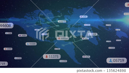 Displaying network overlay on navy world map, glowing lines, data labels with icons, light flare Displaying network overlay on navy world map, glowing lines, data labels with icons, light flare 135624898